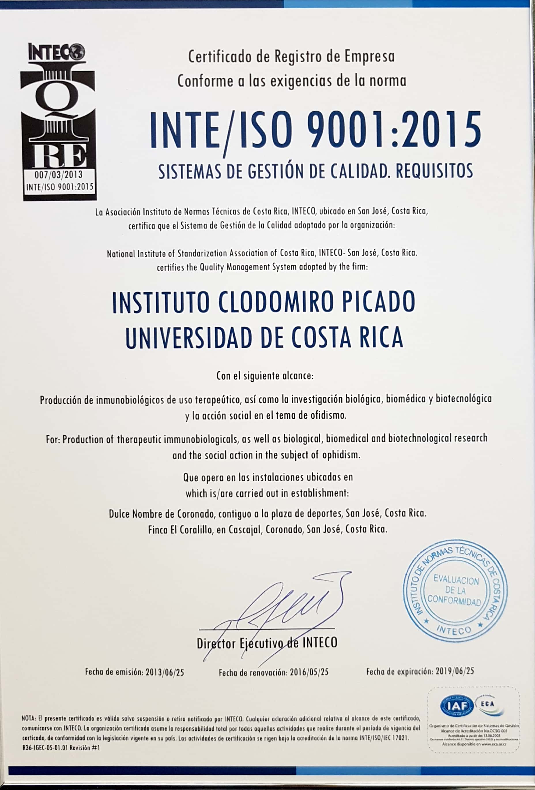 Certificado contra la norma INTE/ISO 9001:2015 